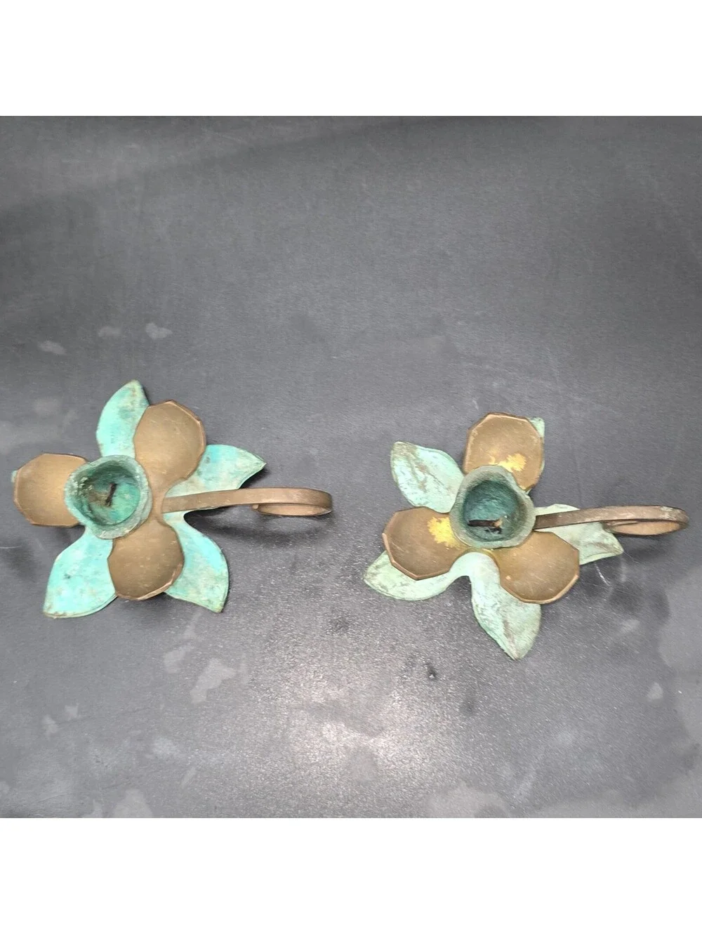 Vintage Verdigris Brass Flower Chamberstick Candle Holders Pair Made in India